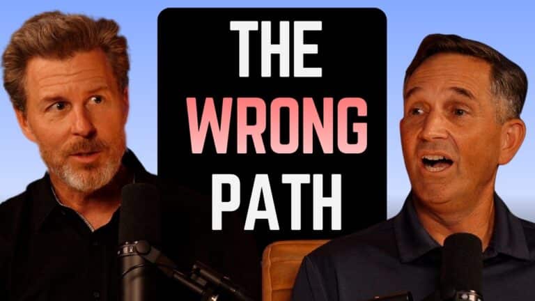 Two men on a podcast set with microphones and a central black panel reading THE WRONG PATH in pink letters against a blue gradient background.