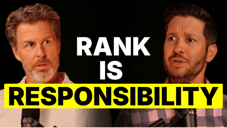 Two men facing each other against a black backdrop with bold white 'RANK IS' text and a bright yellow 'RESPONSIBILITY' banner.