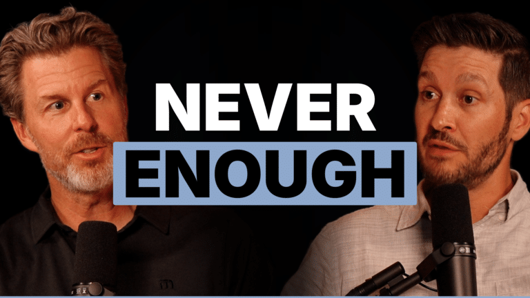 Two men with lapel mics face each other on a black background, with bold white 'NEVER' and a blue 'ENOUGH' banner across the middle.